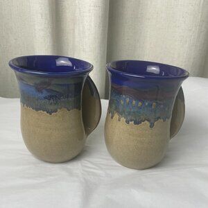 Pottery Hand Warming Mugs Artist Signed Glazed set of 2